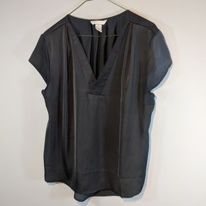 Silky Split Neck Gray Cap Sleeve Blouse